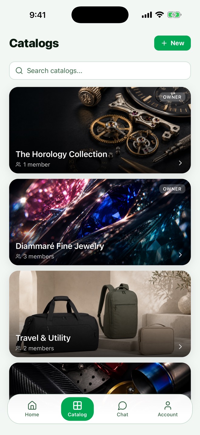 The catalog list, showing catalogs with cover photos and member counts.