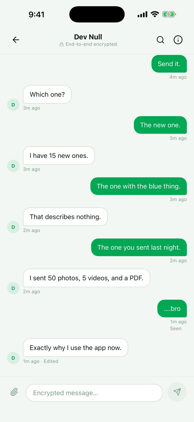 A private conversation in OnlyMenu IO. The header reads End-to-end encrypted, and the message box is labelled Encrypted message.