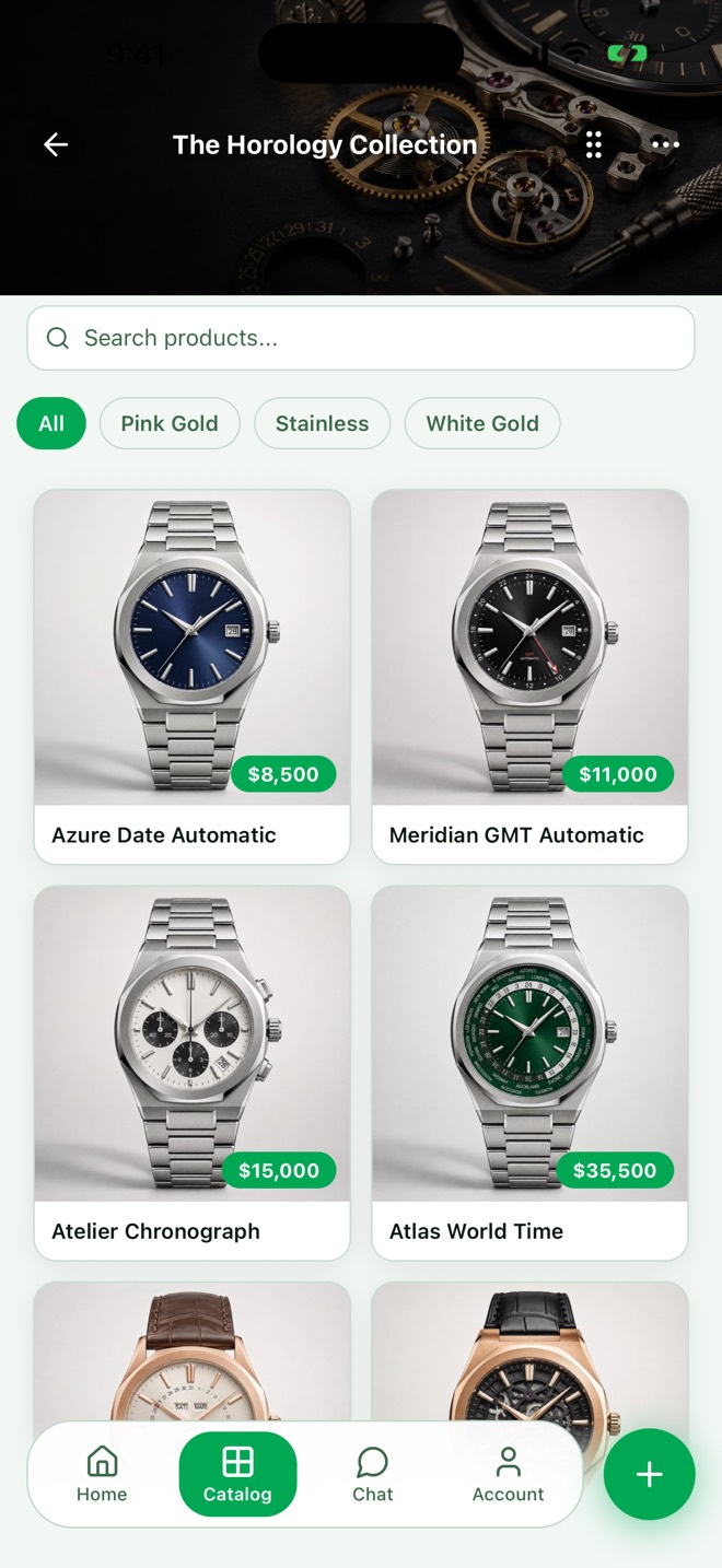 A catalog in OnlyMenu IO showing watches with prices in a two-column grid.